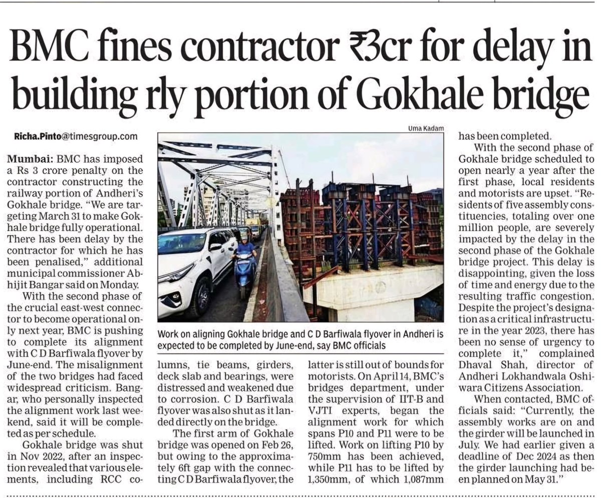 BMC fines contractor ₹𝟯𝗰𝗿 for delay In building railway portion of Gokhale bridge 📰 @richapintoi Barfiwala realignment by June 30 2nd phase Gokhale 31st March 25 5 assembly constituencies 10 lakh ➕️ people impacted Thanks to delay @RatanSharda55 @balbir59 @Gauravsaha