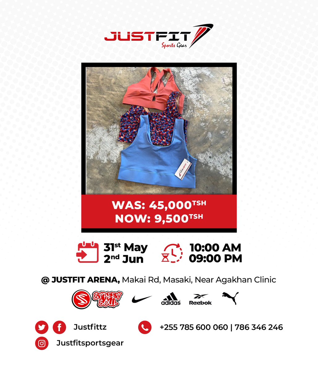 Women sports bra zitakuwa @justfitarena kwa 9,500/- tuu. Ni tarehe 31 hadi tarehe 2, Justfit arena ipo Masaki, Makai road karibu na Agakhan clinic.