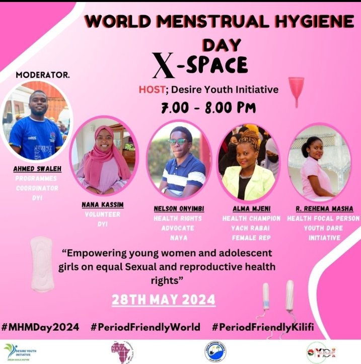 Set your reminder and Join us this #MenstrualHygieneDay to break the silence and empower one another! Let's discuss periods, hygiene, and destigmatization.Don't miss our X-space today from 7:00PM EAT 💪🩸 @kilifi_youth @Youth_Dare @DOHKilifi @DreamAchieversk