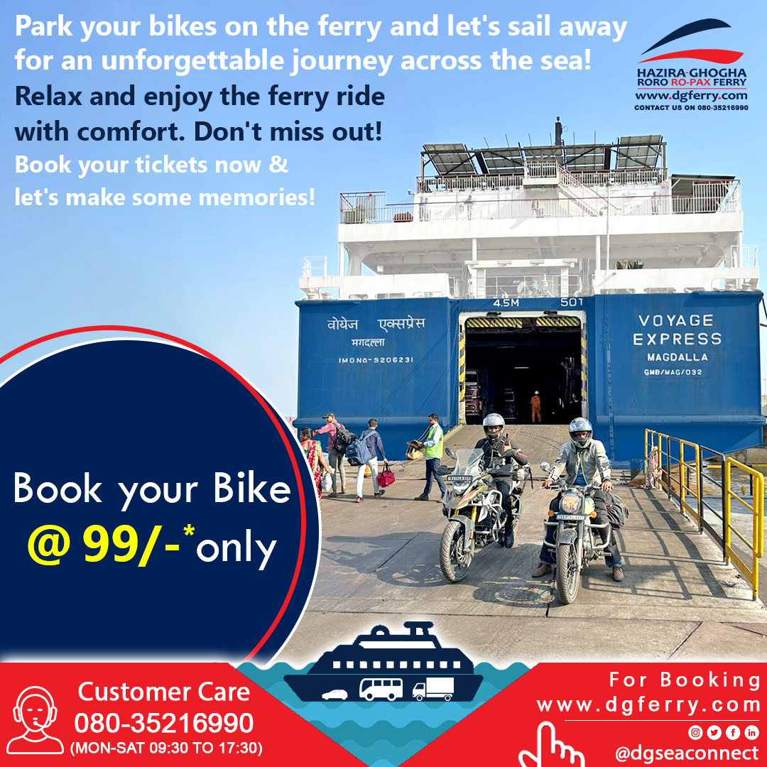 Park your bikes on the ferry and let's sail away for an unforgettable journey across the sea!

Relax and enjoy the ferry ride with comfort. Don't miss out!

Book your tickets now & let's make some memories! 

#BikeAdventure #SeaVoyage #RoRoFerry #HaziraGhogha #BikerLife 🏍️🌊