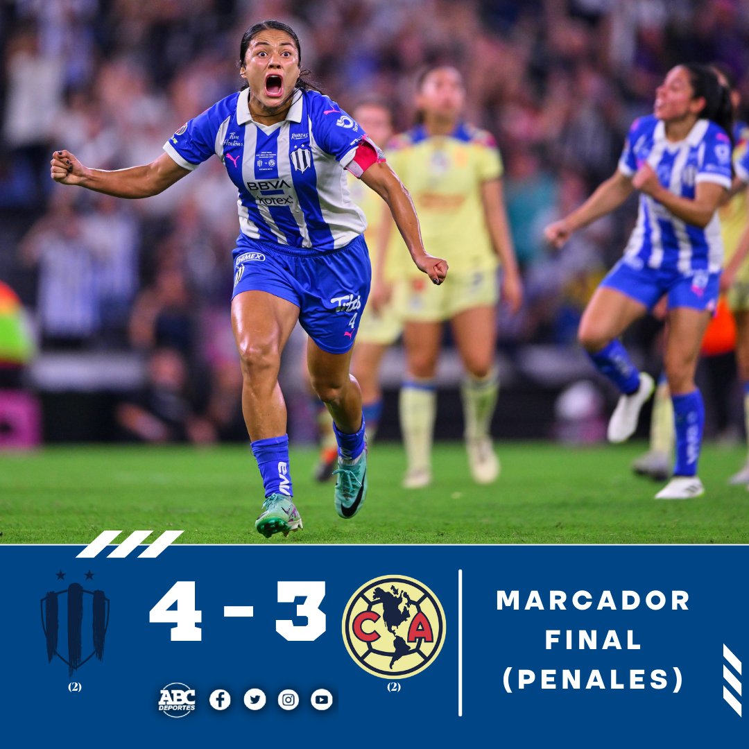 abc_deportes_mx's tweet photo. #LigaMXFemenil 🏆 | ¡RAYADAS CAMPEONA DEL FUTBOL MEXICANO! ⚽️

Las Rayadas 🤠 consiguieron el campeonato del Clausura 2024 tras derrotar al América 🦅 en la tanda de penales. Es el tercer titulo de la institución.

#ABCDeportes | 📻 92.1 FM y 660 AM https://t.co/nfZpPsj1BN