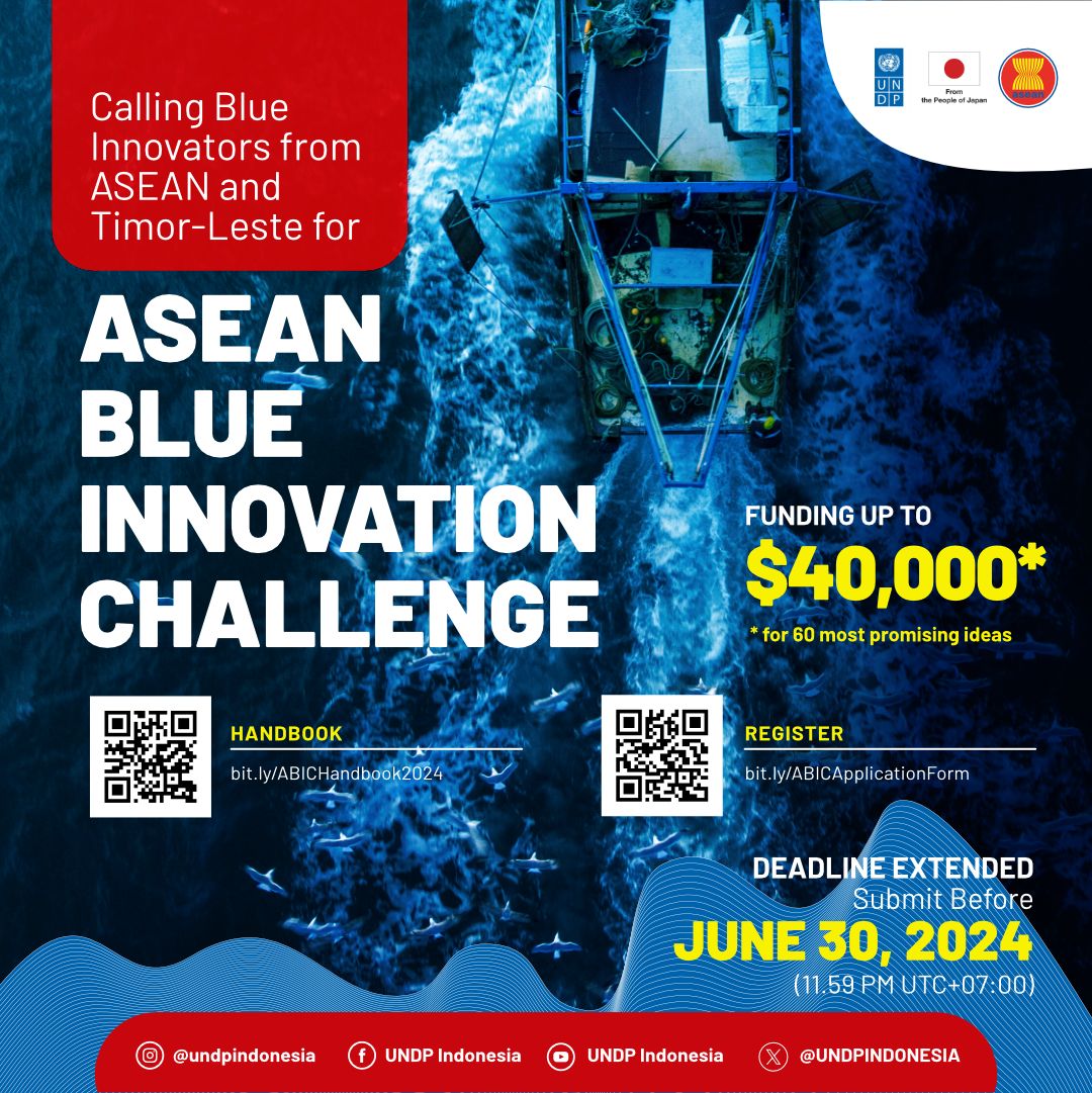 UNDPIndonesia's tweet image. Good news for innovators!

Up to $40,000 still waiting for you!

The deadline for the ASEAN Blue Innovation Challenge has been extended to June 30, 2024. Even better, the application form is now more simplified.

Apply now! bit.ly/ABICApplicatio…