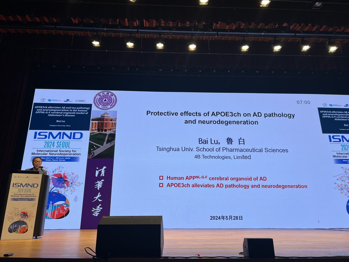 Starting the Short Talk II session, Bai Lu of Tsinghua University presents their talk ‘APOE3ch alleviates Aβ and tau pathology and #neurodegeneration in the human APPNL-G-F cerebral #organoid model of #AlzheimersDisease’ #ISMND2024