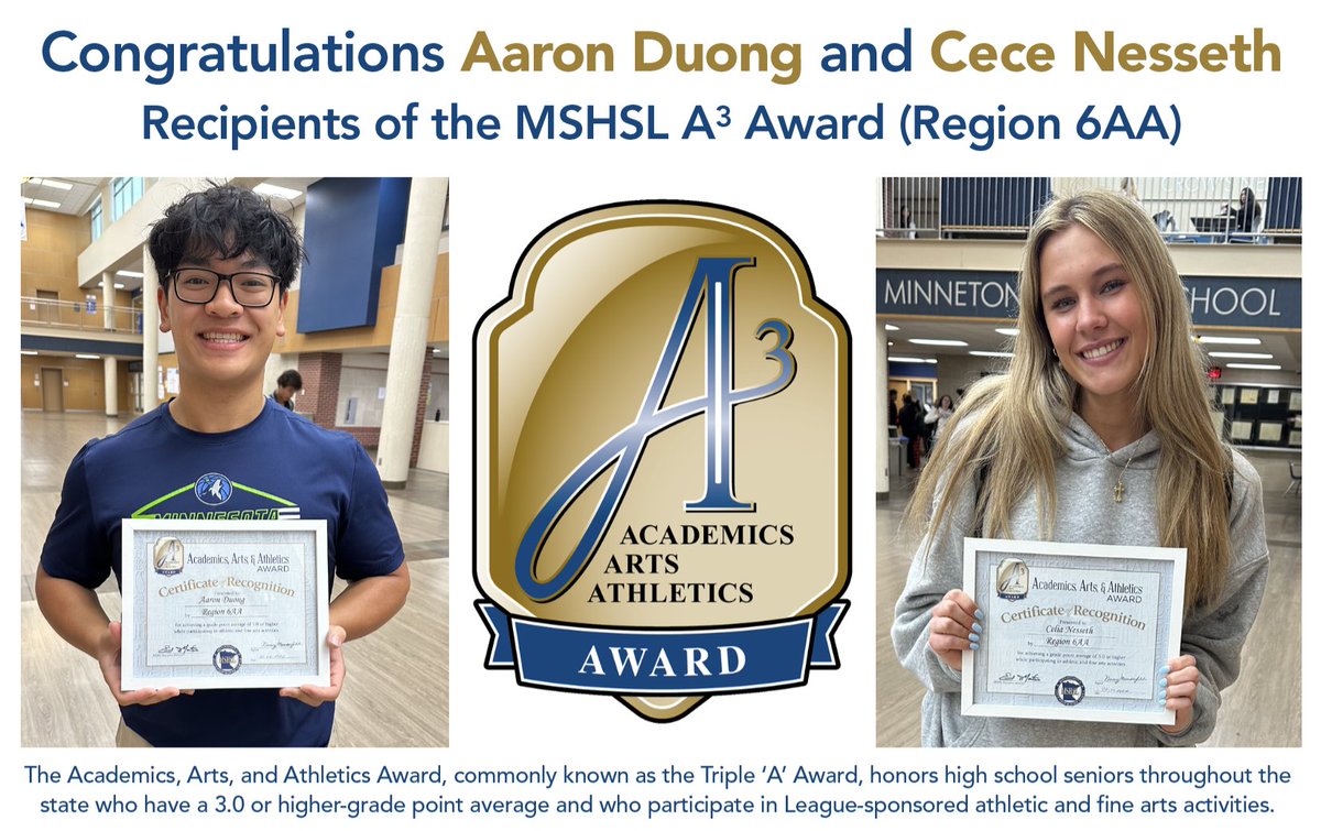 ⚓️👏 Join us in congratulating seniors Aaron Duong and Cece Nesseth on being awarded the A3 Award for Region 6AA! 
<a href="/TonkaFB/">Minnetonka Football</a> <a href="/MtkaGHoops/">Tonka Girls Hoops</a>