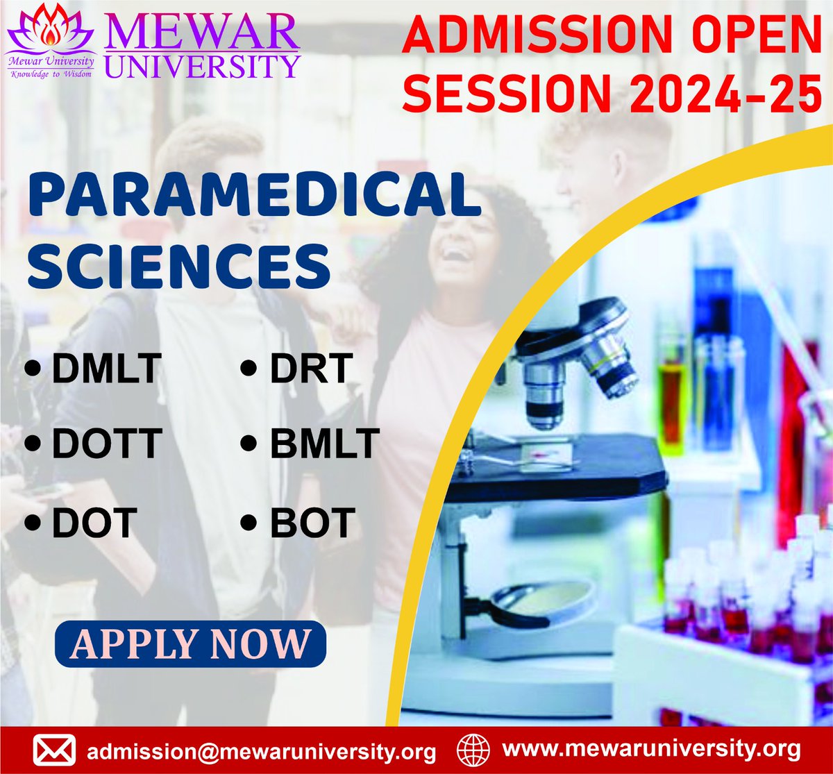 Faculty of #HealthSciences || #AdmissionsOpen 2024-25 at #MewarUniversity (Rajasthan).

Programs Offered
👉 #DMLT
👉 #DRT
👉 #DOTT
👉 #BMLT
👉 #DOT
👉 #BOT

🌐 mewaruniversity.org

#CUET2024 #Scholarship #TopUniversityInRajasthan  #AdmissionOpen2024 #Paramedical