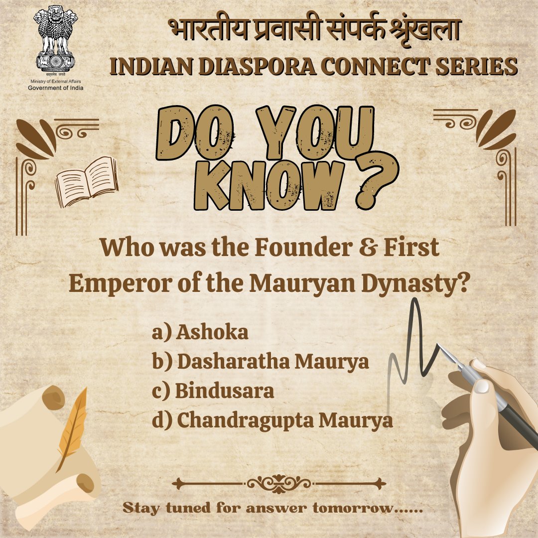 Dear Bharatiya Pravasis, lets delve more into our diverse #history and rich #civilisationalheritage. Do you know about the Mauryan Dynasty ?🤔💡 #indiandiasporaconnect #bharatiyapravasisampark #IndianHeritage #KnowIndia #pravasibharatiya #IndianDiaspora #Indianhistory