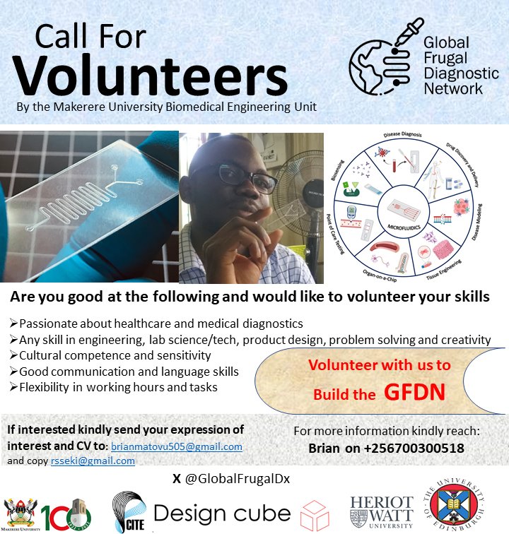 citemakbme's tweet photo. Call For Volunteers.
Opportunity for early career researchers and innovators in Uganda to join the #MakBME build a vibrant @GlobalFrugalDx.
#GlobalFrugalDiagnosticsNetwork
#Diafnostics https://t.co/OdRbqGgOiu
