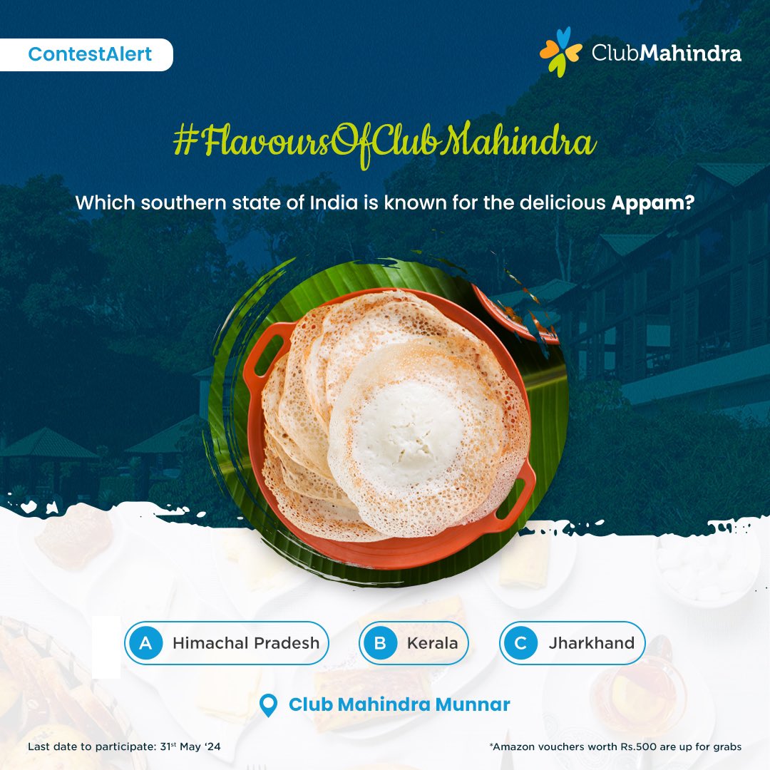#ContestAlert 11 of 15 Participate in all #FlavoursOfClubMahindra contest posts & win.​ STEPS 1) Commenting using #FlavoursOfClubMahindra & tagging 4 friends and @clubmahindra is mandatory​​ 2)Participate in all 15 contest posts Winners get Amazon vouchers worth INR 500 each.