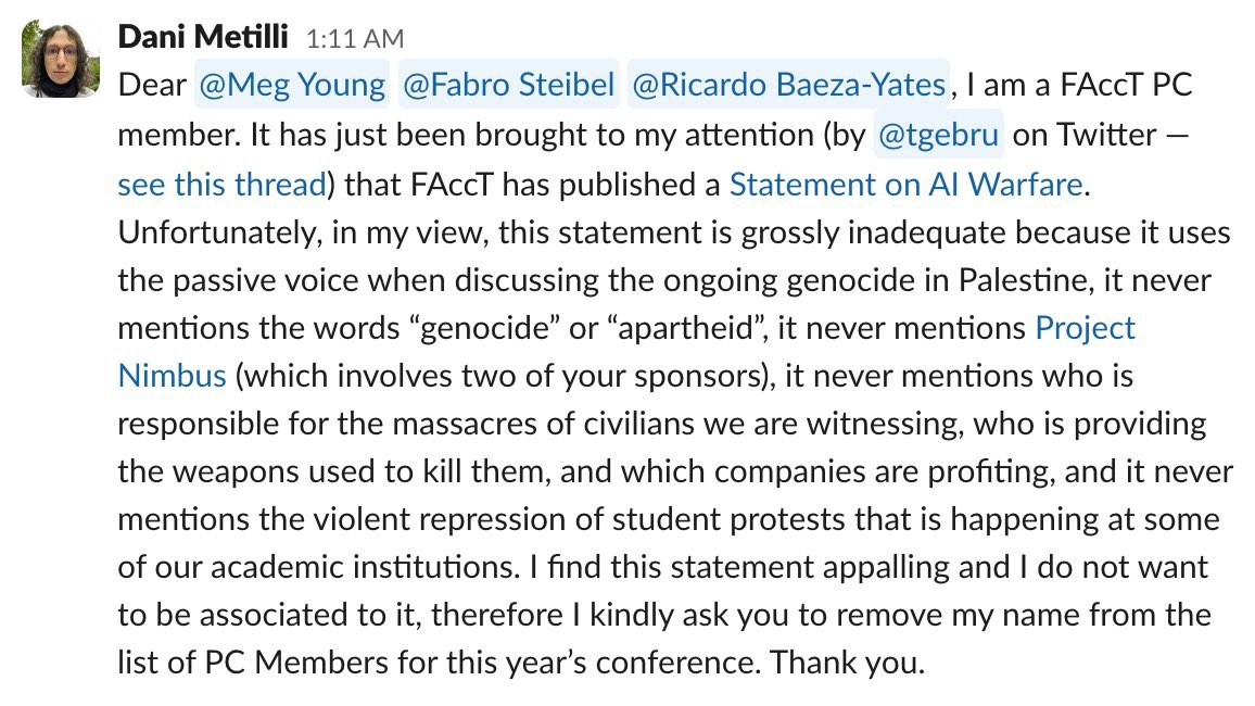 I am withdrawing from the @FAccTConference Program Committee due to the conference’s failure to adequately address what is happening in Palestine