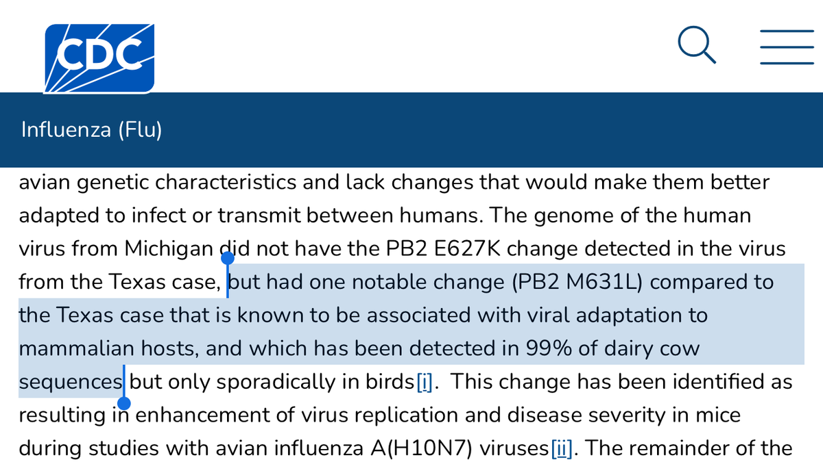 0bFuSc8's tweet photo. @CoronaHeadsUp 1/ NOTE: This isn’t surprising since most (nearly all) of the dairy cow #H5N1 sequences have PB2 M631L.
– @CDCFlu’s report states this in the 2nd half of the sentence you quoted: “and which has been detected in 99% of dairy cow sequences”. https://t.co/gORoQE7ZzR