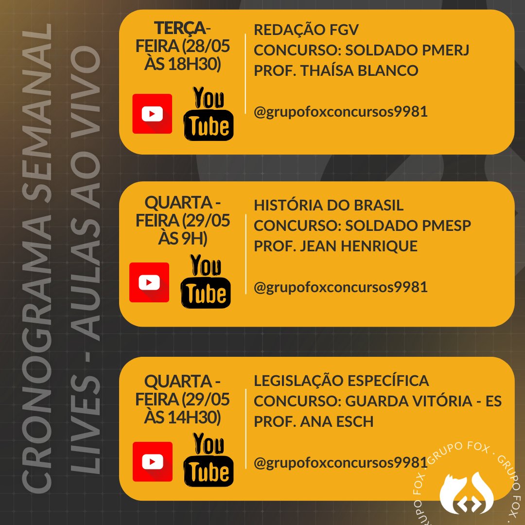 ConcursosFox's tweet photo. 🚀  Confira nosso cronograma especial de aulas ao vivo! 🌟
Prepare-se para arrasar com dicas e estratégias certeiras! 💪✍️ #ConcursoPúblico #AulasAoVivo #Estudo #SoldadoPMERJ #GuardaCivilVitória #SoldadoPMESP #Concursos2024 #VemComAGente https://t.co/fLp1WBGChQ