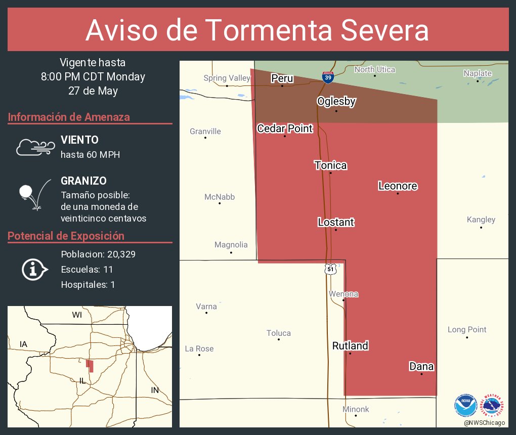 Aviso de Tormenta Severa incluye Peru IL, Oglesby IL, Tonica IL hasta las 8:00 PM CDT