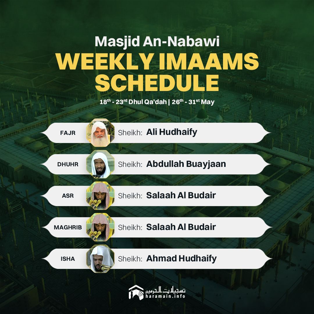 Imaams Schedule at Masjid Al Haram and Masjid An Nabawi