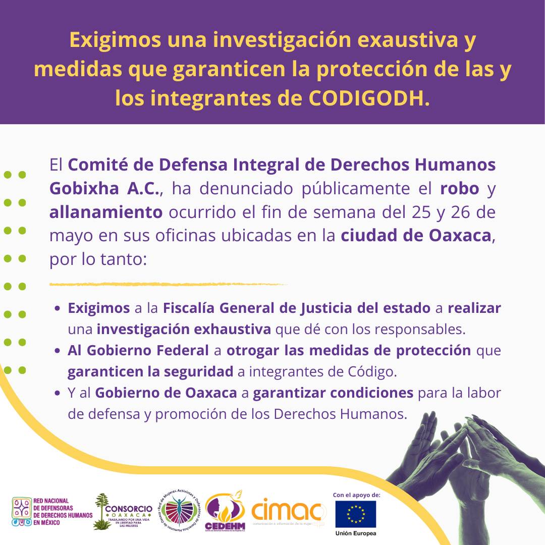 consorciooaxaca's tweet photo. 📣Reconocemos la labor de @CodigoDH en la defensa integral de los #DerechosHumanos y su compromiso en la búsqueda de justicia.
@GobiernoMX @lopezobrador_ @SEGOB_mx @arturomedinap @Mecanismo_MX @ONUDHmexico @GobOax @salomonj @jesusromerooax
#ProtecciónYa #SomosDefensoras https://t.co/8nxAngFHwr