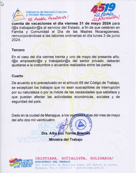 Gobierno de #Nicaragua saca comunicado y anuncia a los trabajadores del estado  y públicos el 30 feriado nacional y 31 feriado. 
# ManaguaSandinista
#4519LaPatriaLaRevolución 
<a href="/niquiranaff/">niquirana ferretti</a>