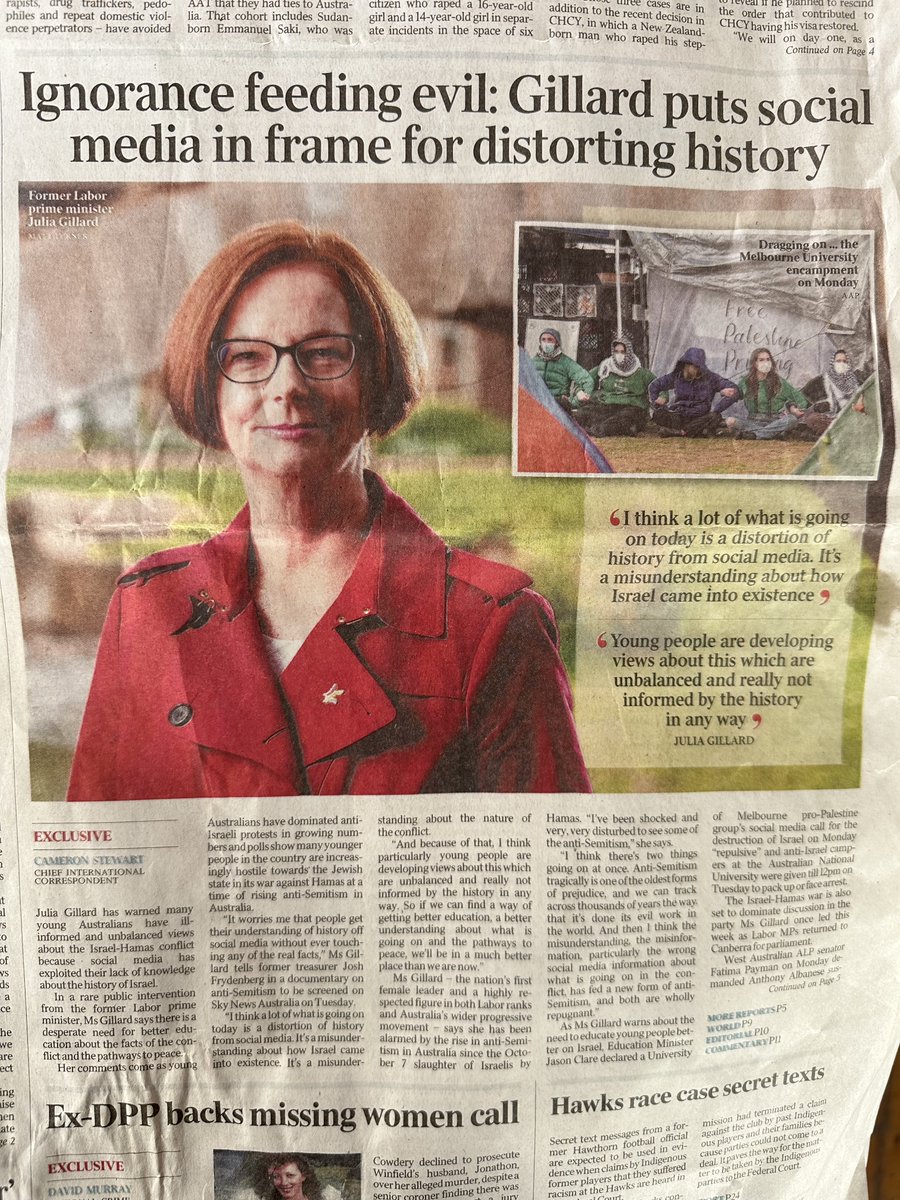 Today's Murdoch Australian newspaper features ex-Prime Minister Julia Gillard schooling young #Australians about Israel's supposedly real history. Perhaps she could read a few history books herself considering her role while PM and her inability and/or unwillingness to even