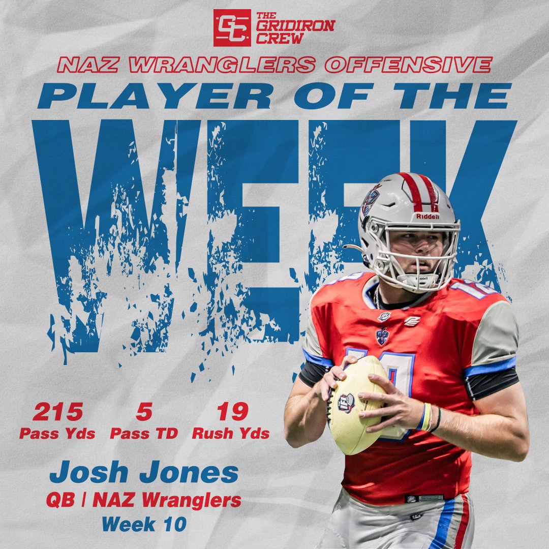 The Gridiron Crew would like to do a shout out for #TGCathlete Josh Jones for being named Offensive Player of the Week as his @NazWranglers knocked off the favored Mass Pirates. #thegridironcrew #IFL #nazwranglers #qb1 #playeroftheweek #rookieoftheyear @josh12jones_