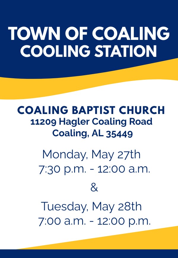 TuscaloosaCoEMA's tweet photo. In response to widespread power outages in rural Tuscaloosa Co, Coaling Baptist Church has opened its doors for a temporary cooling station available for anyone in need of shelter from the heat today and tomorrow. https://t.co/gObhJheTlZ