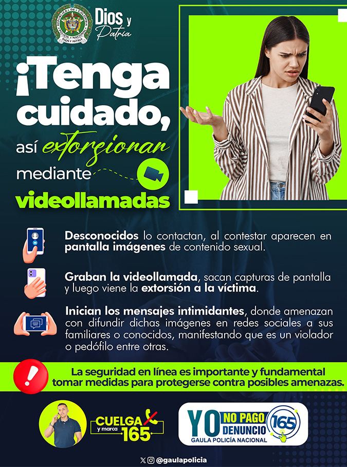 Aprenda cómo avivatos lo contactan a través de videollamadas a su #WhatsApp o #RedesSociales, para extorsionarlo.🤳  

Sea más astuto que los ciberdelincuentes, cuelgue y marque a la #Línea165. 📷

#YoNoPagoYoDenuncio