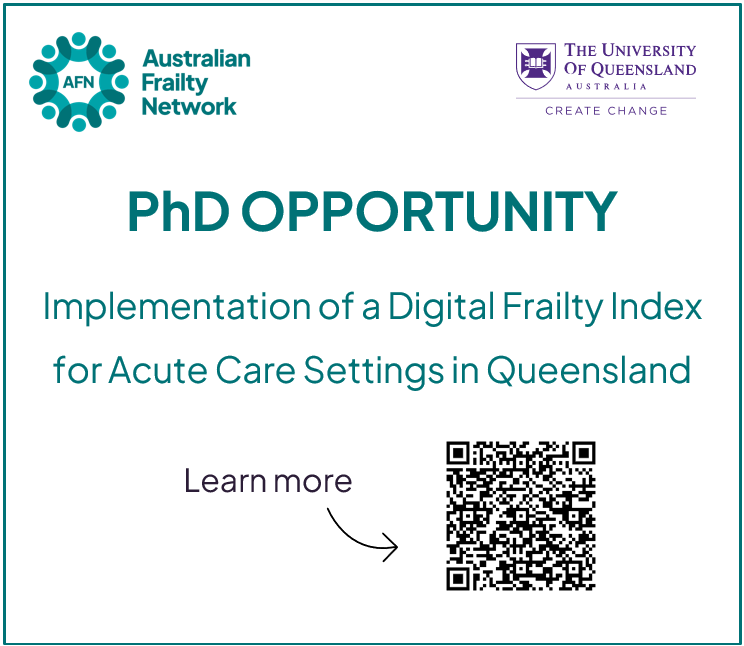 Australian Frailty Network (@ausfrailty) on Twitter photo 📣 🎓 Exciting PhD Opportunity with the AFN!
We’re excited to announce this earmarked PhD project in <a href="/ProfREHubbard/">Prof Ruth E Hubbard</a>'s group at <a href="/UQ_CHSR/">UQ Centre for Health Services Research</a>, under primary supervision of <a href="/dr_am_young/">Adrienne Young AdvAPD</a>! 📣 🎓 Exciting PhD Opportunity with the AFN!
We’re excited to announce this earmarked PhD project in <a href="/ProfREHubbard/">Prof Ruth E Hubbard</a>'s group at <a href="/UQ_CHSR/">UQ Centre for Health Services Research</a>, under primary supervision of <a href="/dr_am_young/">Adrienne Young AdvAPD</a>!