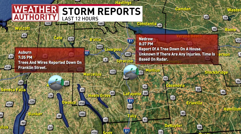 *SEVERE THUNDERSTORM WARNING* In effect now until 9:30pm for areas in the yellow box below. This is for 60mph wind gusts and quarter sized hail. Damage reported in Auburn and Nedrow. Thunderstorm is moving NE at 25mph. Move indoors! @CNYCentral