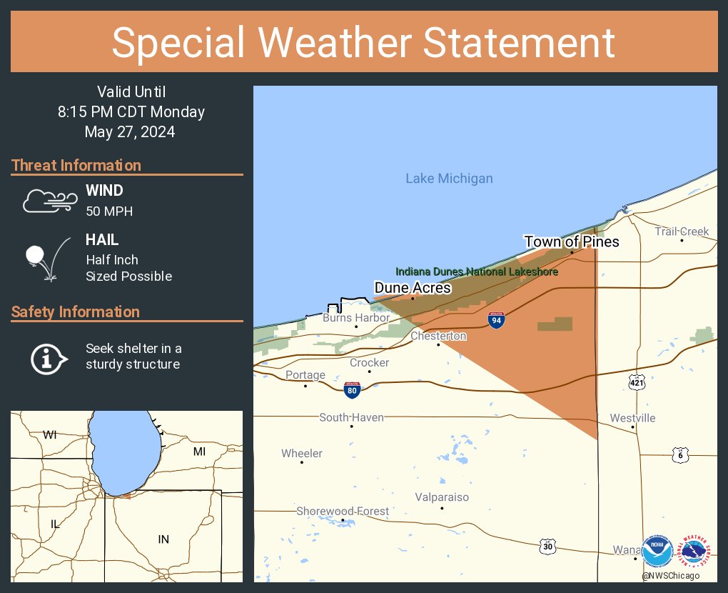 A special weather statement has been issued for Town of Pines IN and Dune Acres IN until 8:15 PM CDT