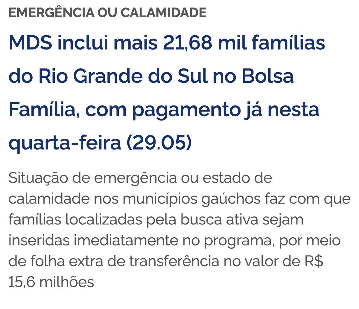 Uma folha extra do Bolsa Família vai ser paga a 21.681 novas famílias do Rio Grande do Sul nesta quarta-feira (29.05). O investimento para essas transferências é de R$ 15,6 milhões (+)