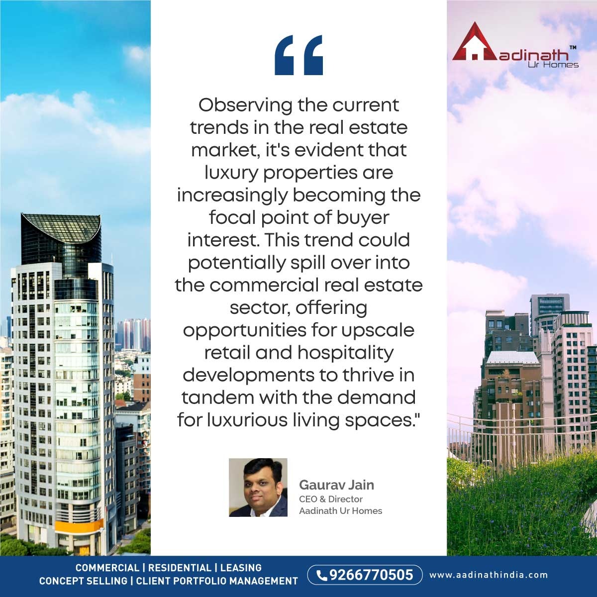 Recent reports show a surge in the demand for luxury residential real estate in India, particularly NCR. Here is what Aadinath Ur Homes’ CEO, Mr. Gaurav Jain says about this. #CEO #AadinathUrHomes #LuxuryDemand #RealEstateBoom  #PrimeProperties #RealEstateGrowth #AadinathIndia