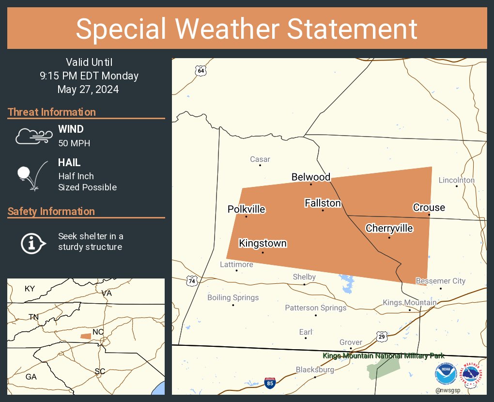 A special weather statement has been issued for Cherryville NC, Belwood NC and Kingstown NC until 9:15 PM EDT