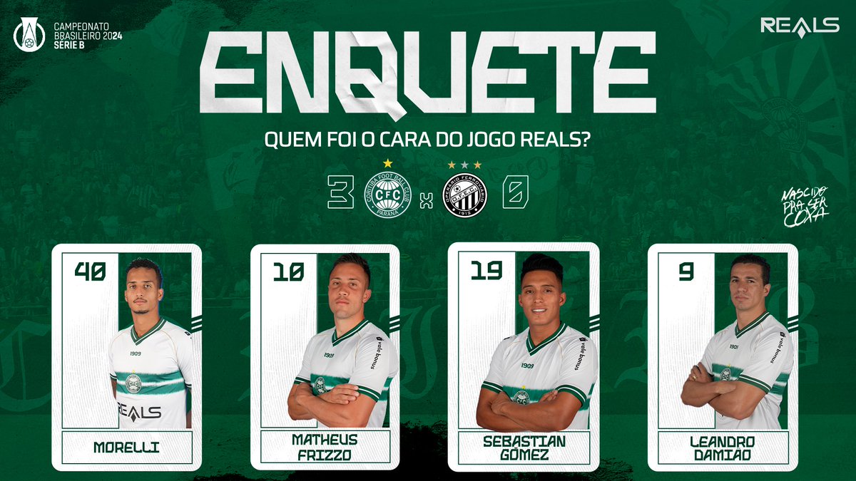 Coritiba's tweet photo. E aí torcedor, quem foi o #CaraDoJogoReals pra você?
#CFCxOPE | 3x0
#VamosCoxa
#BrasileiroSerieB https://t.co/EAjEDuTuqB