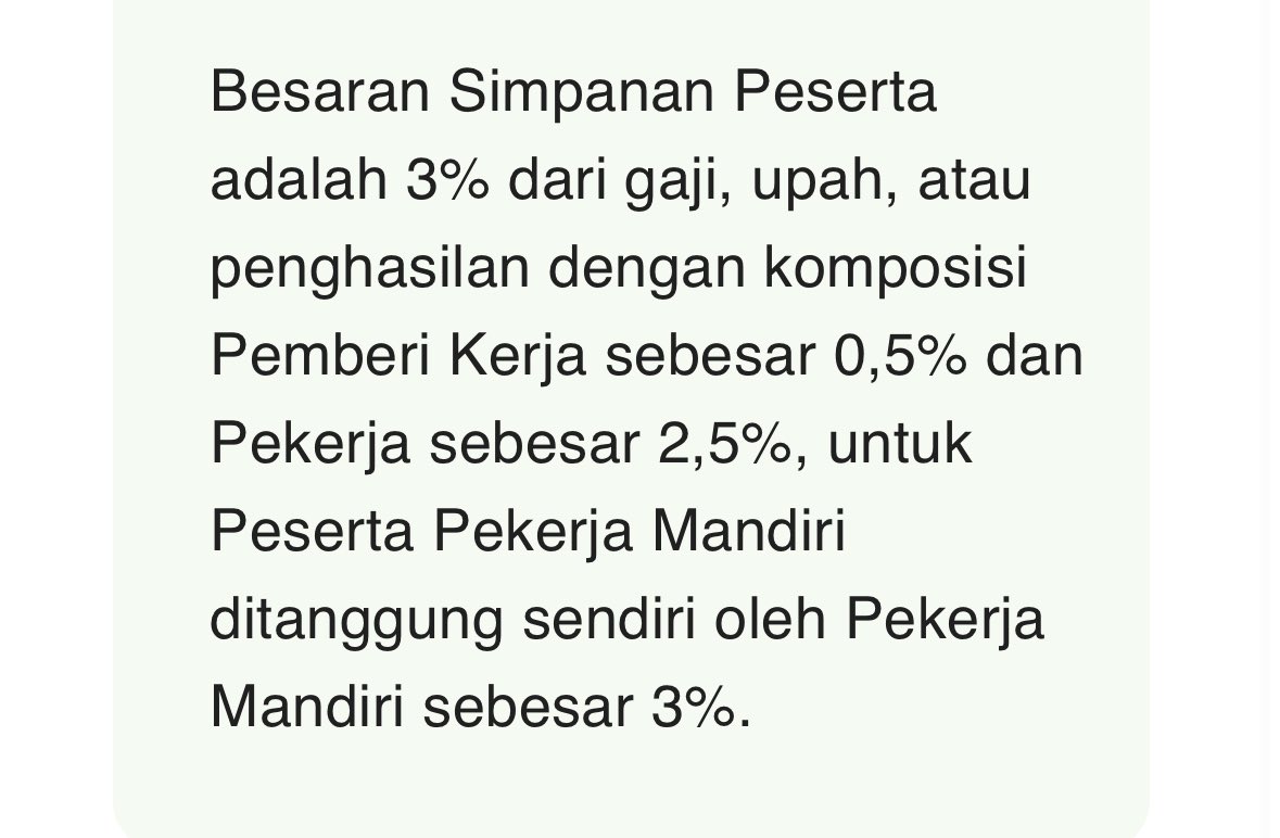 Dari website Tapera:

Besarannya 3%. Pekerja 2,5% dan pengusaha harus bayarin 0,5% coy.

Untuk yg Pekerja Mandiri dipotong 3%. Ini ojek, taksi online, warung madura termasuk Pekerja Mandiri nggak? Hahahaha.

Btw PPN juga bakal naik ke 12%

Terima kasih @jokowi