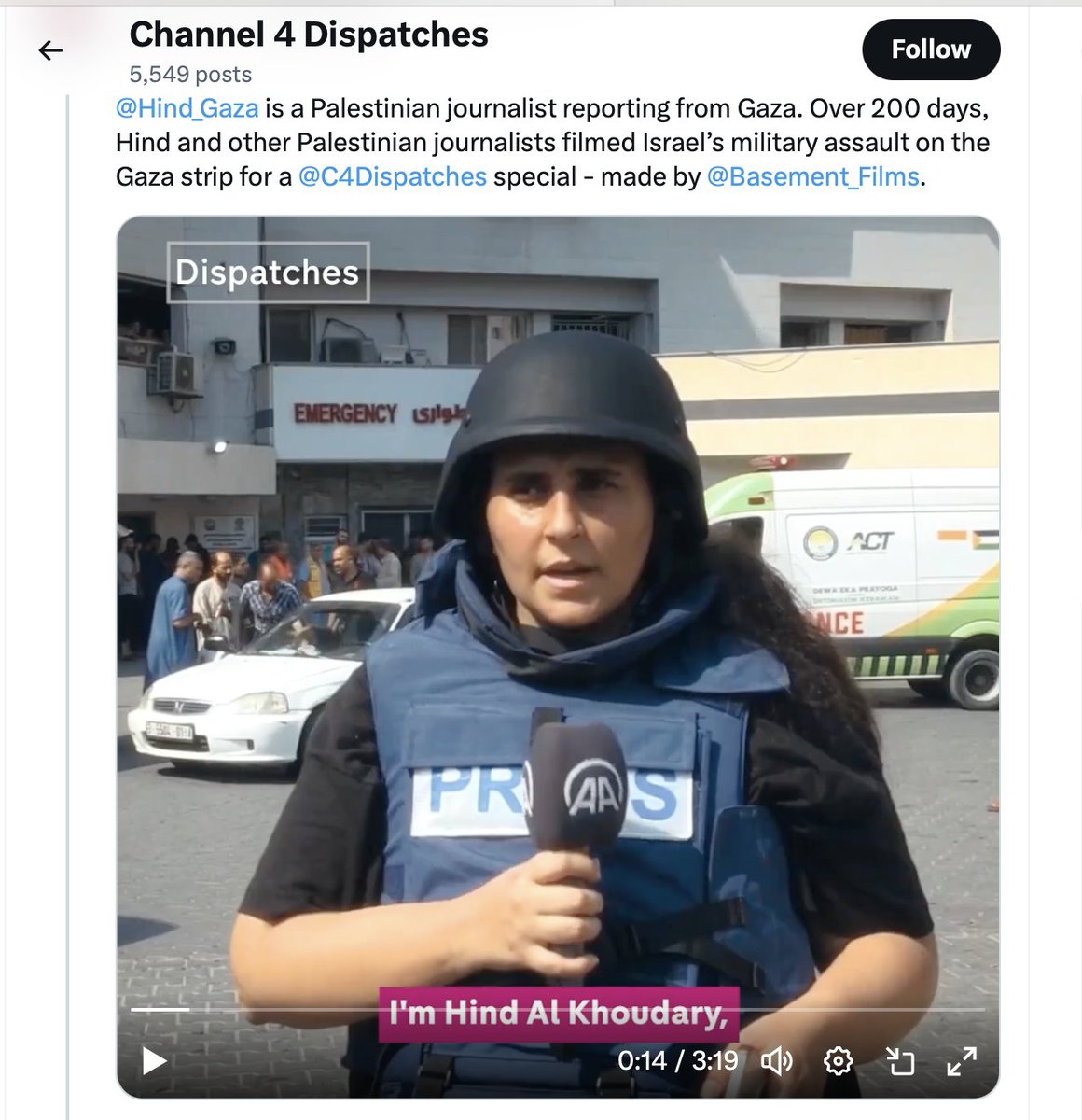 Meet Hind Khoudary. Tonight she's a star reporter for Channel 4. She's also famous for having informed on Rami Aman & other Gaza peace activists, getting Hamas to arrest them for the crime of doing a zoom with Israeli peace activists. Shame on you @Channel4 @C4Dispatches. 🧵🔽 /1