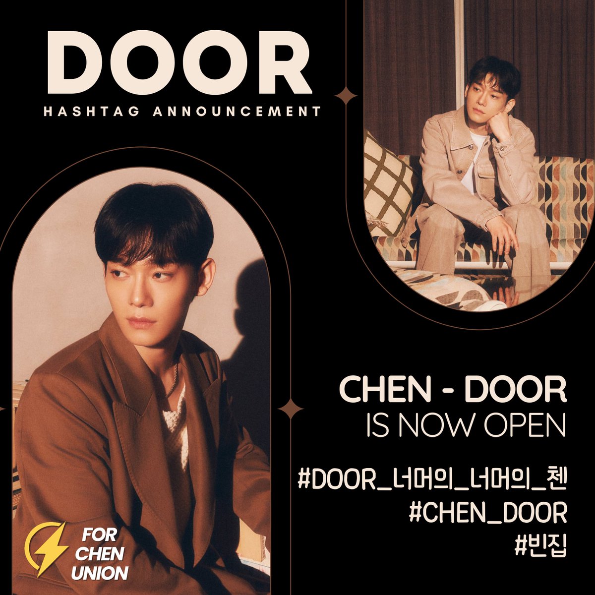[HASHTAG ANNOUNCEMENT] To support the release of #CHEN's mini album, we'll be trending these hashtags CHEN - DOOR IS NOW OPEN #⃣DOOR_너머의_너머의_첸 #⃣CHEN_DOOR #⃣빈집 Start trending from 5PM KST Let's open the door together🚪 #첸 #종대 #김종대 #CHEN_DOOR @CHEN_INB100