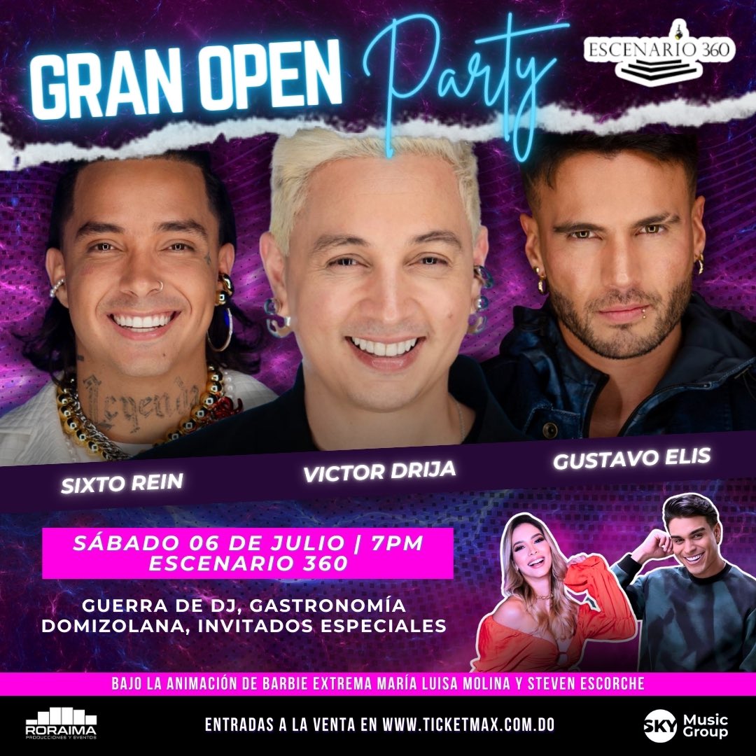 Sto. Domingo - Rep. Dominicana 🇩🇴
<a href="/victordrija/">Victor Drija</a> <a href="/gustavoelis/">Gustavo Elis</a> <a href="/soyrein/">Sixto Rein</a> 
GRAN OPEN PARTY 💃🕺
#NoSomosIgualesTour ≠

🗓️ Sábado 06 de Julio 2024
📍 escenario360rd 
⏰ 7:00Pm
🎫 ticketmax.com.do/evento/60762/

-Bajo la animación de <a href="/maluisamolina/">Ma. Luisa Molina R ☆</a> <a href="/stevenescorche/">Steven Escorche</a>
Tú tienes que estar allí.
