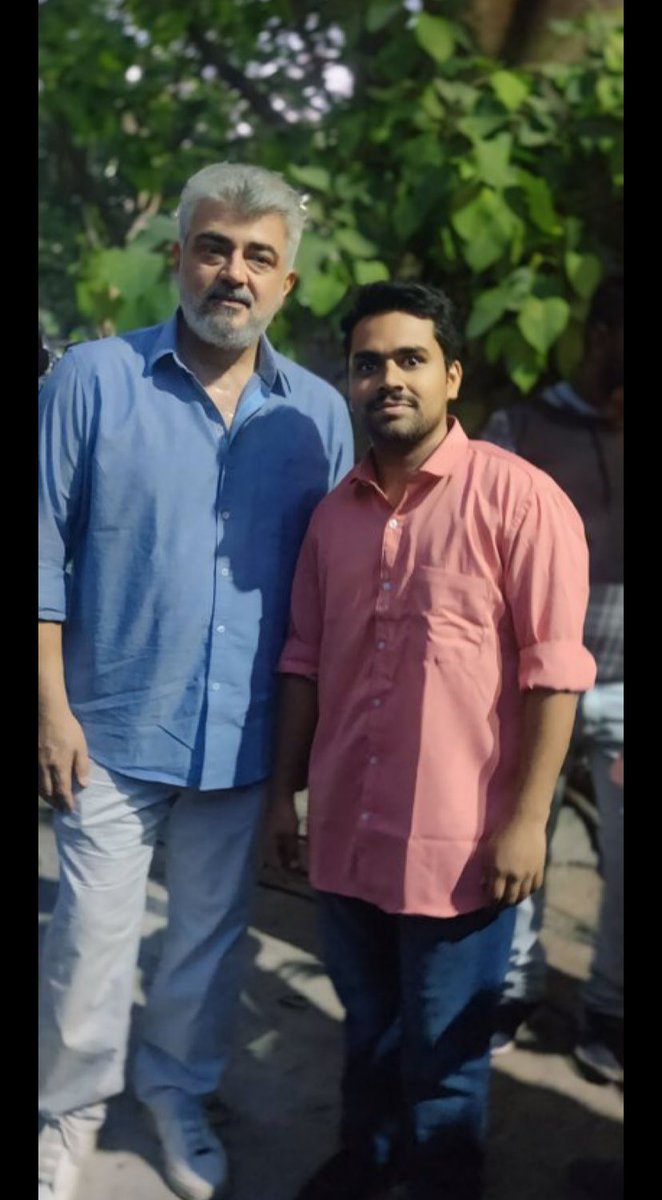 Latest Pic Of #Ajith sir with a fan at #GoodBadUgly shooting spot. #Ajithkumar #VidaaMuyarchi