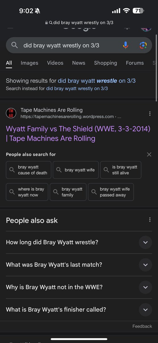 33% battery on the screenshot… Wyatt Family vs The Shield was 3/3-2014… Could be something there #UncleHowdy #theory #WWERaw