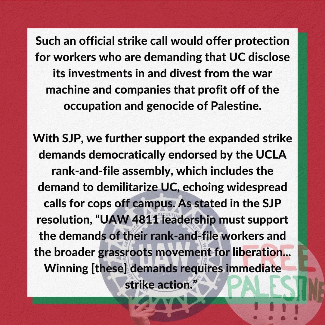 UAW Labor for Palestine Stands in Solidarity with UAW 4811 Strike for Palestine and Endorses SJP Call to Immediately Expand the Strike to All UC Campuses May 26, 2024 Link to statement here, thread below: laborforpalestine.net/2024/05/26/uaw…