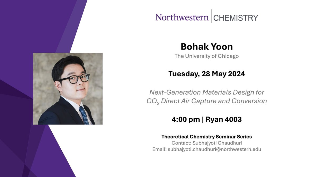 Northwestern Theoretical Chemistry Seminar Series (@nutcss) on Twitter photo We will host <a href="/BohakYoon/">Bohak Yoon</a> from <a href="/VothGroup/">Voth Group</a> tomorrow for the last <a href="/nutcss/">Northwestern Theoretical Chemistry Seminar Series</a> talk of this quarter. Do drop by!
🗓️ May 28, 2024
📍<a href="/NUChemistry/">Northwestern Chemistry</a> Ryan 4003
⏱️ 4 PM We will host <a href="/BohakYoon/">Bohak Yoon</a> from <a href="/VothGroup/">Voth Group</a> tomorrow for the last <a href="/nutcss/">Northwestern Theoretical Chemistry Seminar Series</a> talk of this quarter. Do drop by!
🗓️ May 28, 2024
📍<a href="/NUChemistry/">Northwestern Chemistry</a> Ryan 4003
⏱️ 4 PM