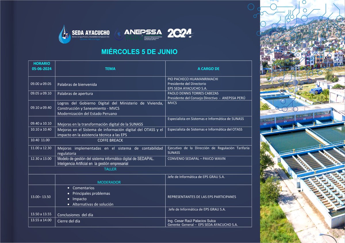 AnepssaP's tweet photo. VI ENCUENTRO NACIONAL DE INFORMÁTICOS DE EMPRESAS PRESTADORAS DE SERVICIOS DE AGUA POTABLE Y SANEAMIENTO DEL PERÚ - EPS
FORO “AVANCES TECNOLÓGICOS EN EL SECTOR Y LAS EPS” https://t.co/6hNwFcKwjP