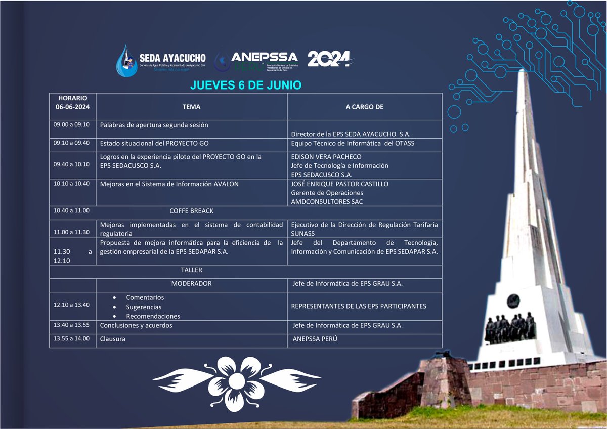 AnepssaP's tweet photo. VI ENCUENTRO NACIONAL DE INFORMÁTICOS DE EMPRESAS PRESTADORAS DE SERVICIOS DE AGUA POTABLE Y SANEAMIENTO DEL PERÚ - EPS
FORO “AVANCES TECNOLÓGICOS EN EL SECTOR Y LAS EPS” https://t.co/6hNwFcKwjP