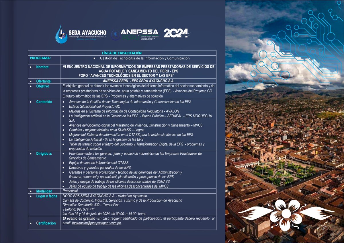 AnepssaP's tweet photo. VI ENCUENTRO NACIONAL DE INFORMÁTICOS DE EMPRESAS PRESTADORAS DE SERVICIOS DE AGUA POTABLE Y SANEAMIENTO DEL PERÚ - EPS
FORO “AVANCES TECNOLÓGICOS EN EL SECTOR Y LAS EPS” https://t.co/6hNwFcKwjP