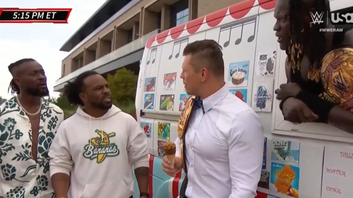 Awesome Truth selling ice creams: The Miz: 'Why did you make me wear all white?' R-Truth: 'Gotta represent your flavour' Miz: 'So I'm vanilla and you're...' Truth: 'Strawberry! Why, what were you gonna say?' New Day: 'Yeah Miz, what were you gonna say?'