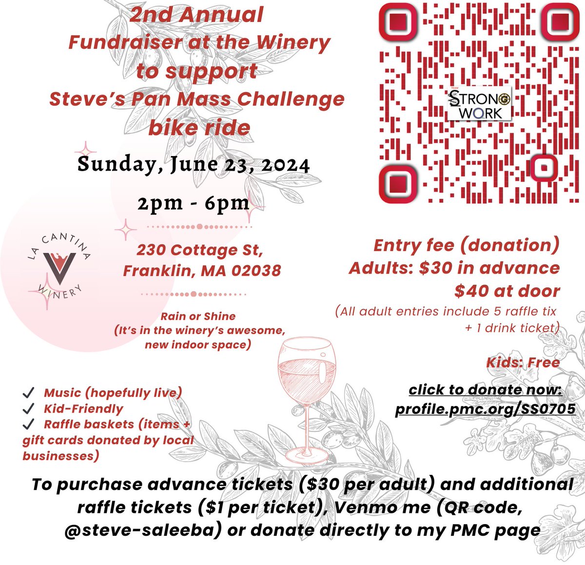 Throwing a party at La Cantina Winery in Franklin, Mass. to raise donation money for my @PanMass ride. I'm inviting all of you! Pay in advance to save $10. FAQ: How do I pay? Venmo me (@ steve-saleeba) or donate straight to my PMC page: profile.pmc.org/SS0705