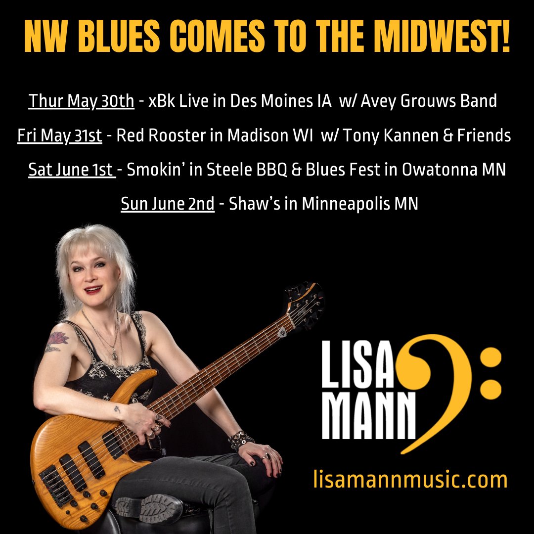 Bringing NW Blues to the Midwest! 

Thur May 30 - Des Moines IA
Fri May 31 - Madison WI 
Sat June 1 - Owatonna MN
Sun June 2 - Minneapolis MN 

For details visit lisamannmusic.com 

#bluesmusic #bluesrock #womeninblues #blueswomen #livemusic #bassplayer #bassguitar #blues