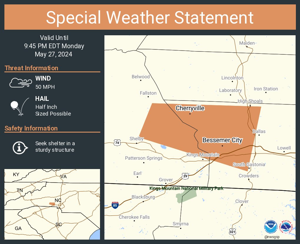 A special weather statement has been issued for Cherryville NC, Bessemer City NC and Waco NC until 9:45 PM EDT