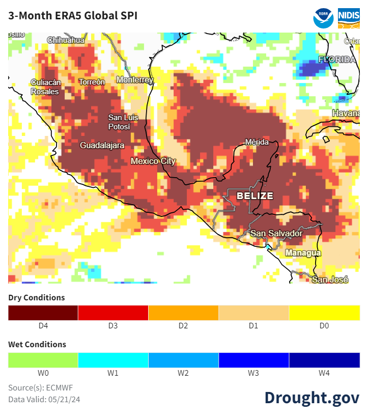 Drought in Mexico &amp; C America is off the charts. Extreme in dark red. 
This is making a long term water shortage much worse, turning it into an acute emergency. Mexico City is running out of water and some say their Day Zero is only a month away, unless heavy rain comes. 1/