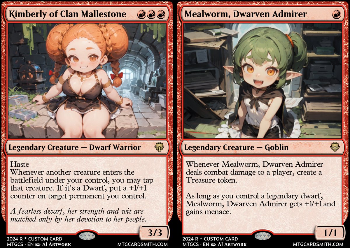 Ai generated Magic cards. Kimberly's ability is to use dwarf tokens for +1/+1s, and Mealworm relies on a legendary dwarves to gain, menace and create treasures.
#AIart #AIイラスト #StableDiffusion #digitalart #AIArtwork #vtuber #anime #animegirl #aigirls #magicthegathering #mtg