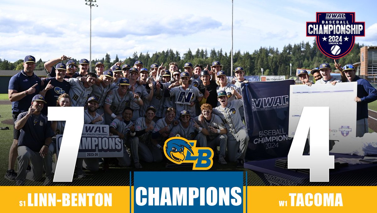 NWAC (@nwacsports) on Twitter photo The Linn-Benton Roadrunners are your 2024 NWAC Champions‼️⚾️🏆
<a href="/LBCC_ad/">Linn-Benton Athletics</a> wins 2 games on Championship Monday over Tacoma, taking Game 2 by a 7-4 score!
Aidan Dougherty named Tournament MVP! 🏅
#NWACbsb The Linn-Benton Roadrunners are your 2024 NWAC Champions‼️⚾️🏆
<a href="/LBCC_ad/">Linn-Benton Athletics</a> wins 2 games on Championship Monday over Tacoma, taking Game 2 by a 7-4 score!
Aidan Dougherty named Tournament MVP! 🏅
#NWACbsb