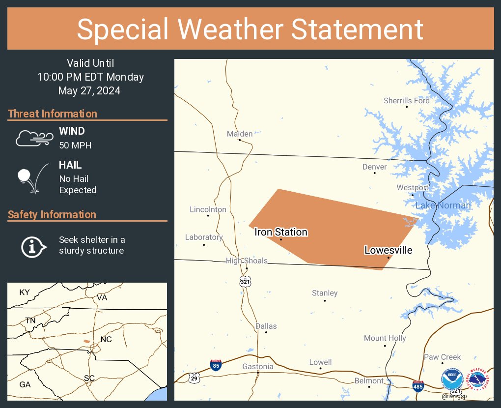A special weather statement has been issued for Lowesville NC and Iron Station NC until 10:00 PM EDT