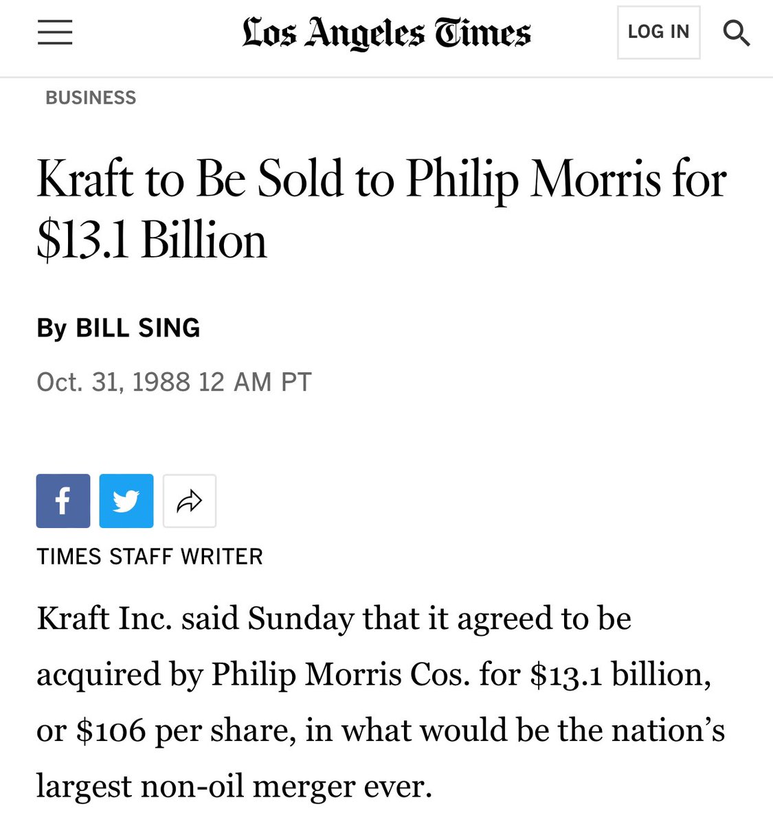 In 1988, Phillip Morris bought Kraft - forming the world’s largest food producer. 

3 of the 4 largest mergers in the 1980s were cigarette cos purchasing food cos. 

Processed food is - quite literally - a science experiment from the cigarette industry designed to addict us.